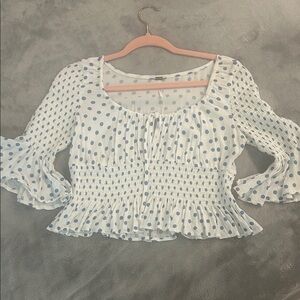 Free People White and Blue Polka Dot Blouse